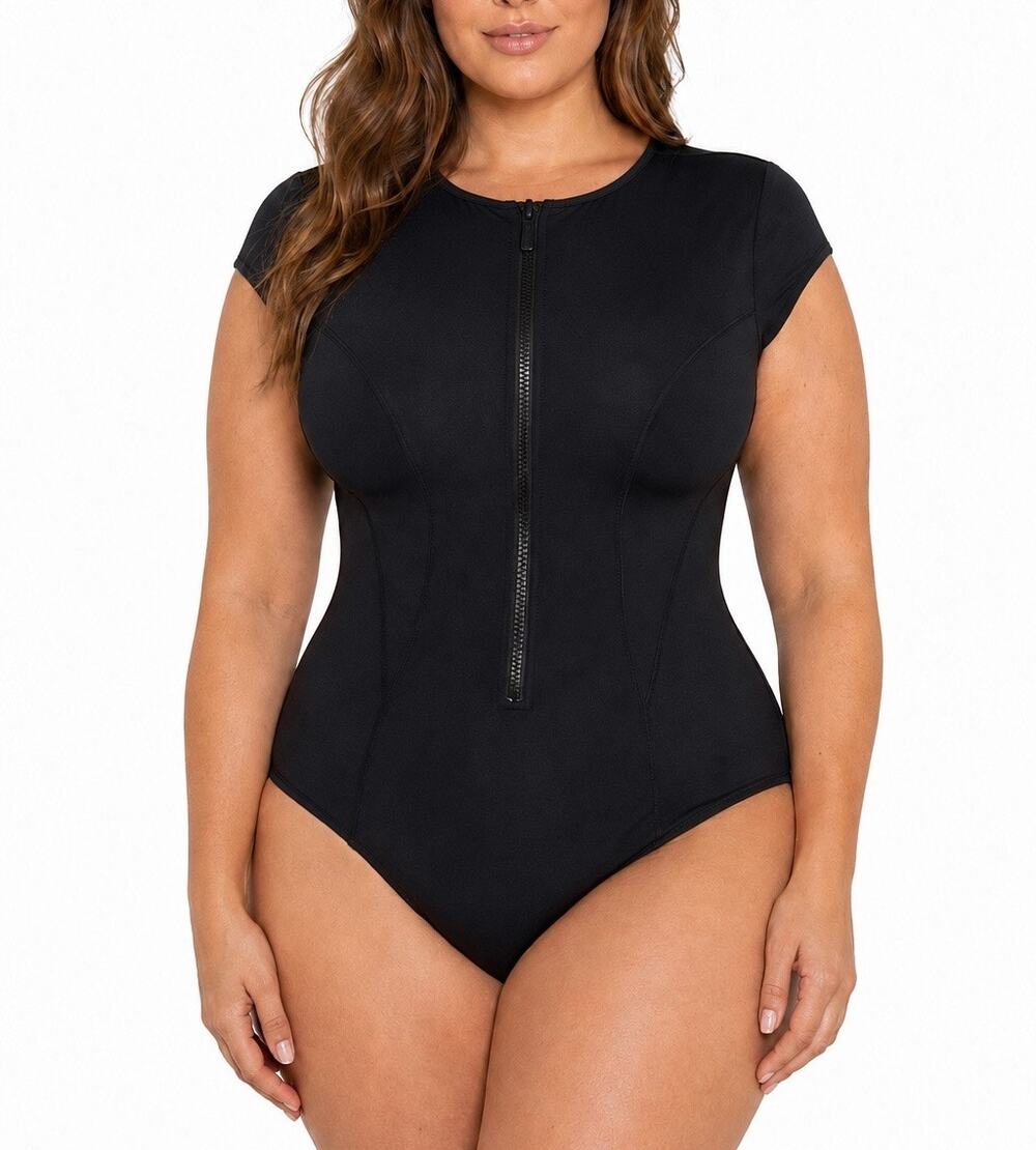 NWT Robyn Lawley Bond-Eye Scuba Style Zip Front One Piece Swimsuit Black US 14 - Picture 1 of 13